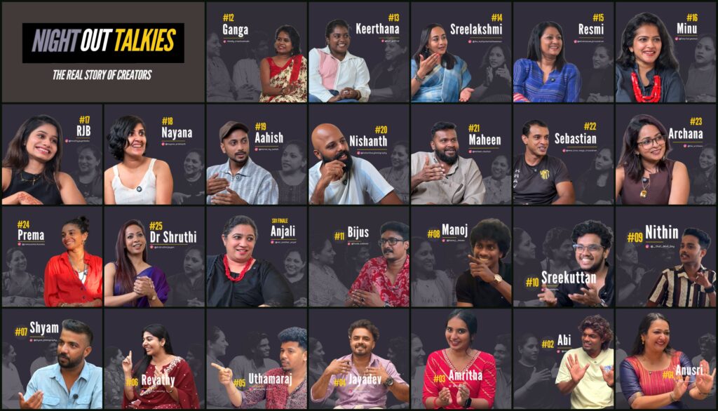 Night Out Talkies — The Real Story of Creators. Season 1 collage of the 26 Kerala creators featured on the podcast